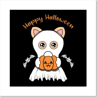 Happy Halloween Cute ghost Cat, Kawaii black cat with pumpkin Posters and Art
